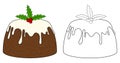 Christmas pudding with holly. Coloring book page for children. Colored and outline vector illustration isolated on white Royalty Free Stock Photo