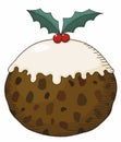 Christmas pudding round rich fruit figgy pud with cream sauce and holly line art cartoon Royalty Free Stock Photo