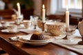 Traditional dining table with Christmas pudding and elegant decor Royalty Free Stock Photo