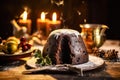 Christmas pudding served impeccably on a wooden table. Royalty Free Stock Photo