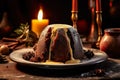 Christmas pudding served impeccably on a wooden table. Royalty Free Stock Photo