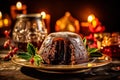 Christmas pudding served impeccably on a wooden table. Royalty Free Stock Photo