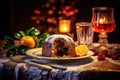 Christmas pudding served impeccably on a wooden table. Royalty Free Stock Photo