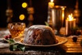 Christmas pudding served impeccably on a wooden table. Royalty Free Stock Photo