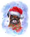 Christmas pug. Dog wearing Santa Claus hat, watercolor christmas illustration. Royalty Free Stock Photo