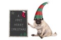 Christmas pug puppy dog sitting down, holding blackboardl, wearing elf hat Royalty Free Stock Photo