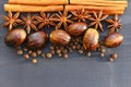 Christmas or pumpkin spices on wooden background