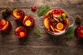 Christmas punch. Festive red cocktail, drink with cranberries and citrus fruits in a punch bowl and glasses Royalty Free Stock Photo