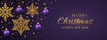 Christmas purple background with hanging shining golden snowflakes and balls. Merry christmas greeting card. Holiday Xmas and New Royalty Free Stock Photo
