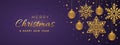 Christmas purple background with hanging shining golden snowflakes and balls. Merry christmas greeting card. Holiday Xmas and New Royalty Free Stock Photo