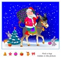 Christmas puzzle game for kids. Find 6 toys hidden in the picture. Educational page for children. Developing counting skills. Play