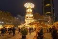 Christmas pyramid in Rossmarkt Christmas market at night, Frankfurt, Germany