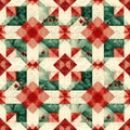 Christmas quilt seamless, repeating background, in red, off-white and green colors..