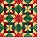 Christmas quilt seamless, repeating background, in red, off-white and green colors.