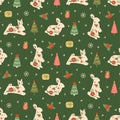 Christmas rabbit pattern. New Year 2023 seamless background, textile, fabric design. Winter print with rabbits, hare