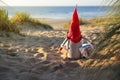 Christmas rag gnome with his beach towel between the beach access dunes with the ocean in the background, concept of relaxation,