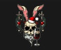 Christmas Rarty Poster With Santa Claus Bunny Skull Vintage Style. Vector Illustration. New Year creepy design