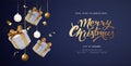 Christmas Realistic 3D trending backgrounds. Golden 3d gift boxes with golden ribbon hang on a dark background. Place