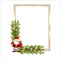 Christmas realistic frame Santa pine leaves, snowflakes, golden ball. Xmas golden frame with ribbon. Merry Christmas decoration Royalty Free Stock Photo