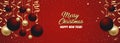 Christmas red background with Christmas balls and golden ribbons. Happy New Year decoration. Elegant Xmas banner or poster with Royalty Free Stock Photo