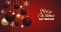 Christmas red background with Christmas balls and golden snowflakes. Happy New Year decoration. Elegant Xmas banner or poster. Royalty Free Stock Photo