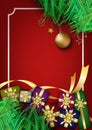 Christmas red background golden balls ribbons and gift boxes