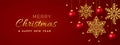 Christmas red background with hanging shining golden snowflakes and balls. Merry christmas greeting card. Holiday Xmas and New Royalty Free Stock Photo