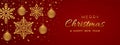 Christmas red background with hanging shining golden snowflakes and balls. Merry christmas greeting card. Holiday Xmas and New Royalty Free Stock Photo