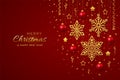 Christmas red background with hanging shining golden snowflakes balls and stars. Merry christmas greeting card. Holiday Xmas and Royalty Free Stock Photo