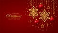 Christmas red background with hanging shining golden snowflakes, 3D metallic stars and balls. Merry christmas greeting card. Royalty Free Stock Photo