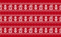 Christmas red background with house and snowman. Knit seamless border. Xmas geometric pattern. Knitted sweater print Royalty Free Stock Photo