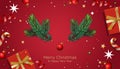 Christmas red background with realistic decorative design elements. Festive Xmas composition flat top view of red gift