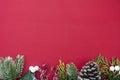 Christmas red background with surprise gift boxes and copy space. Winter holidays with presents, top view, flat lay Royalty Free Stock Photo