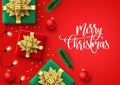 Christmas in red background vector template. Merry christmas text with xmas season elements and empty space for holiday. Royalty Free Stock Photo