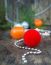 Christmas red ball on wooden background