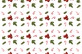 Christmas red balls with spruce branches and canes, seamless pattern on white