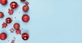 Christmas red balls and toys on a blue background. Christmas background. New year banner. Copy space Royalty Free Stock Photo