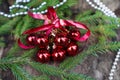 Christmas red balls on wooden background