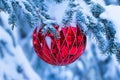 Christmas red bauble is on the fir tree snowy branch Royalty Free Stock Photo