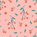 Christmas red berry seamless pattern on pink background. Cute flat red berries and leaves.