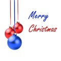 Christmas red and blue balls hanging with ribbon bows Royalty Free Stock Photo