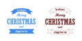 Christmas red blue text, ribbon set. Merry Christmas and Happy New Year wishes isolated white background. Design banner Royalty Free Stock Photo