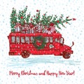 Christmas Red bus with fir tree decorated balls and gifts on roof. White snowy seamless background and text Merry Royalty Free Stock Photo