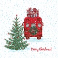 Christmas Red bus with fir tree decorated balls and gifts on roof. White snowy seamless background and text Merry Royalty Free Stock Photo