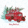 Christmas Red bus with fir tree decorated balls and gifts on roof. White snowy seamless background and text Merry Royalty Free Stock Photo