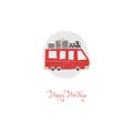 Christmas red bus with presents. Vector illustration in simple hand-drawn Scandinavian style. Vehicles under snowfall