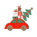 Christmas red car carries gifts and a Christmas tree. Royalty Free Stock Photo