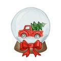 Christmas red car truck in snow glass globe, transparent ball watercolor old holiday toy Royalty Free Stock Photo