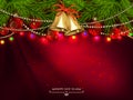 Christmas red composition with golden bells, spruce branches and shining lanterns Royalty Free Stock Photo