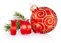 Christmas red decoration bauble, curling paper and fir tree branch Isolated on white background Royalty Free Stock Photo